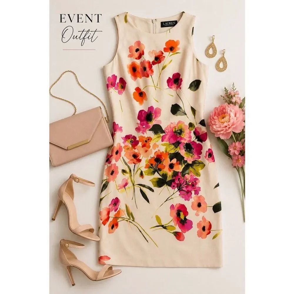 Lauren Ralph Lauren Floral Sheath Dress Pink Orange Sleeveless Career Cocktail